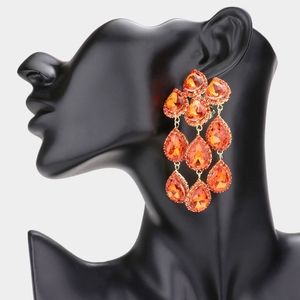 Orange Fringe Dangle Crystal Clip On Earrings 3.5 Inch Tear Drop ClipOns Jewelry